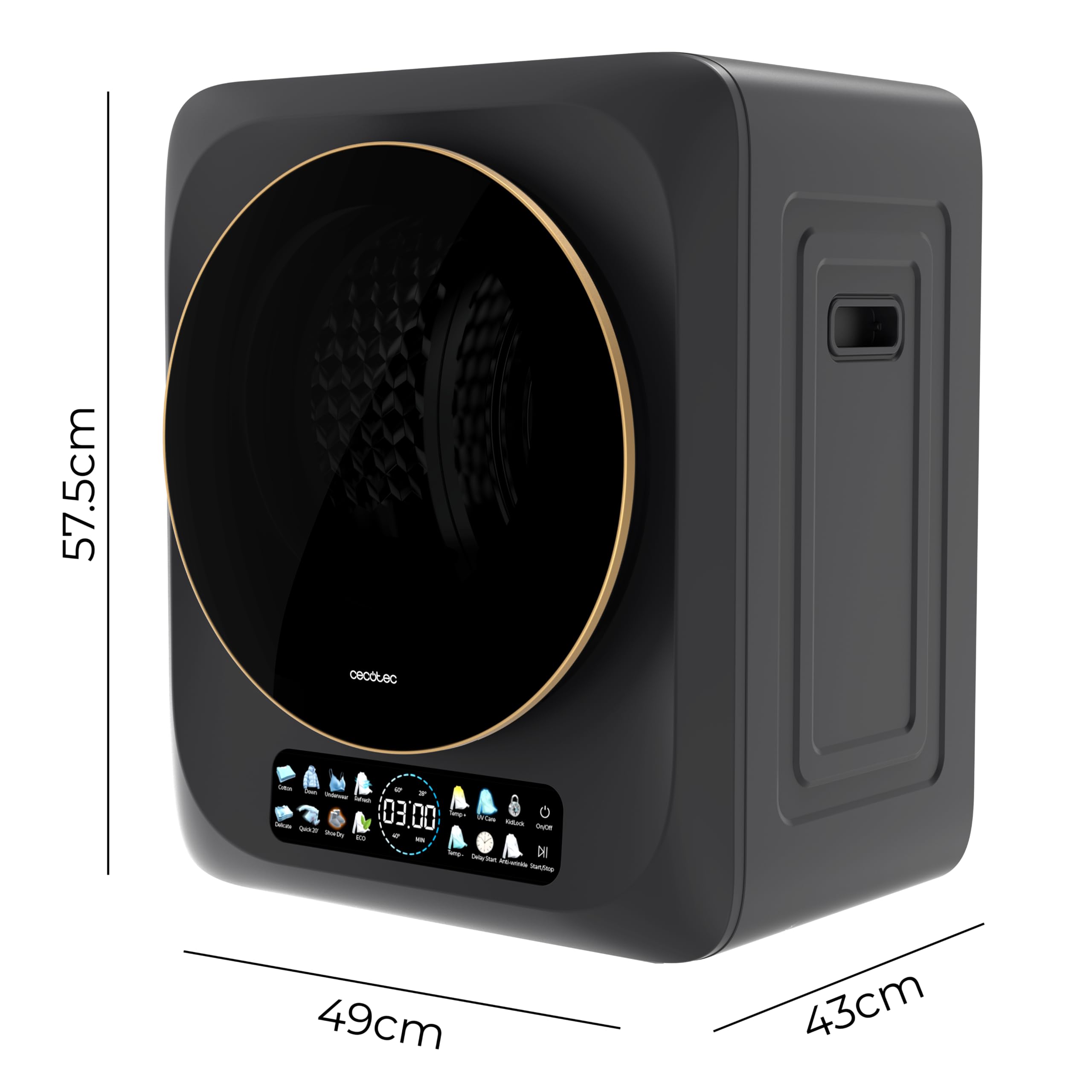 Cecotec Mini Asciugatrice Portatile 3 Kg Bolero DressCode Dry 3400V Dark. di Scarico, 8 programmi, G, Asciugatura Automatica, Schermo FullColor, Funzione UV Care, Dry Shoe Pro, Avvio Ritardato, Dark