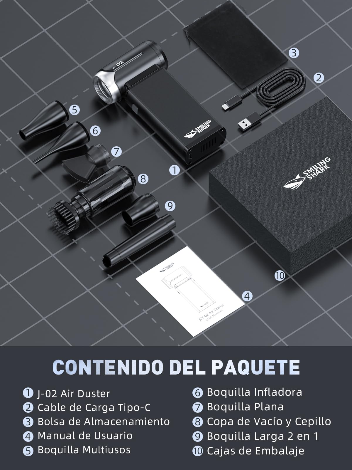 Smiling Shark Soplador de Polvo Eléctrico, J02 Aluminio 150000RPM Plumero de Aire Comprimido Potente - Motor Sin Escobillas Recargable Inalámbrico & Batería de 8000mAh para PC/Teclado/Coche/Casa