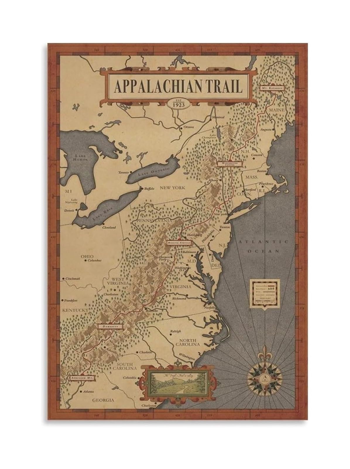 RNUMLIGH Appalachian Trail Map Canvas Wall-Art Poster Hiking Trail Map Print for Living Room Office Bedroom Decor(Framed,08X12inch(20X30cm))