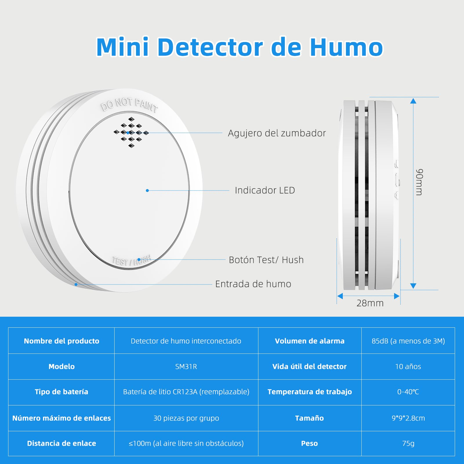 Detector de Humo con Soporte magnético, 10 años Alarma contra Incendios en Red con batería CR123A reemplazable, Alarma de 85 dB, silenciamiento, Advertencia de batería Baja, 1 Unidad