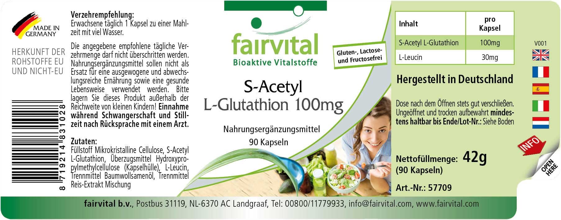 fairvital S-acetil L-glutatione, 90 capsule vegane, facili da deglutire, forma stabile di glutatione, elevata biodisponibilità, qualità testata e ad alto dosaggio, Made in Germany