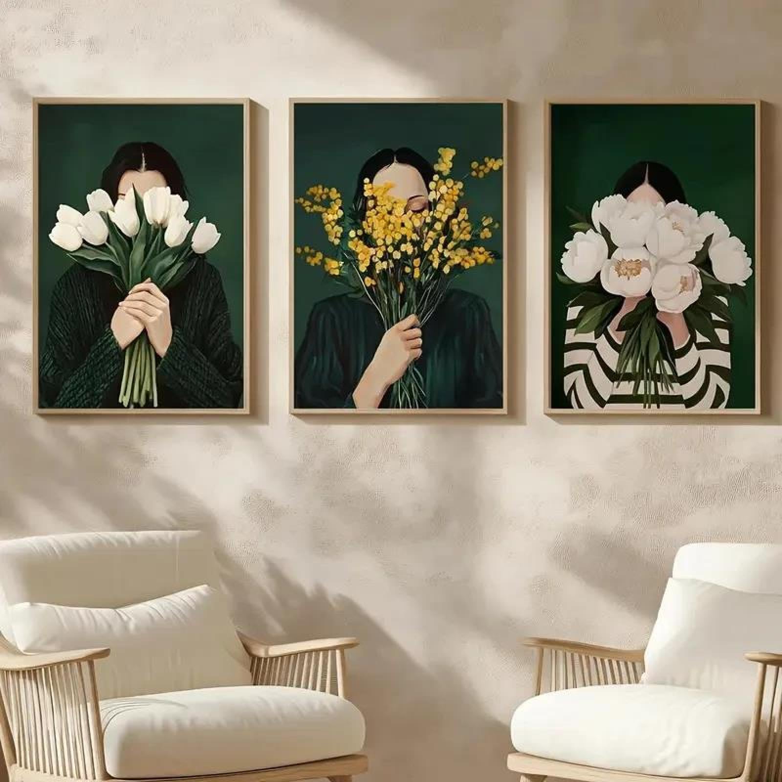 Baibexing Green Abstract Figure Minimalist Female Floral Canvas Painting Poster And Prints Wall Art Picture For Living Room Home Decor 40X60Cmx3Pcs Unframed