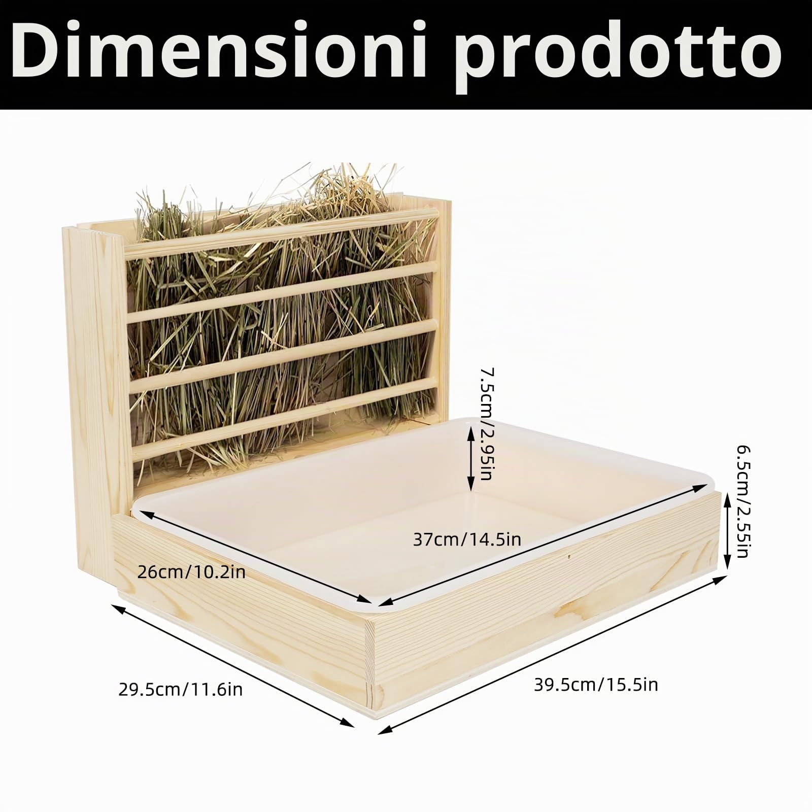 Grande mulinello da fieno multifunzione con wc, trogolo in legno per conigli, mulinello da fieno, completo di abbeveratoio e ciotola, adatto per conigli, porcellini d'India, criceti, piccoli animali