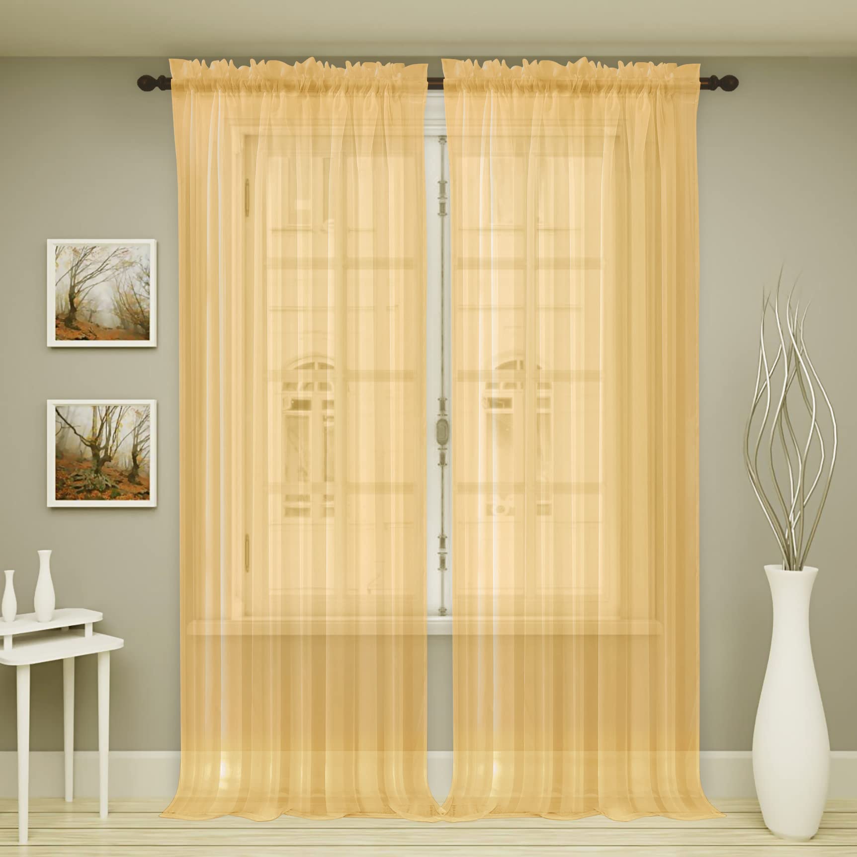Oakias Gold Sheer Curtains 96 Inches Long 2 Panels – Each 54" W x 96" L – Rod Pocket Voile Curtains for Living Room & Bedroom – Suitable for Both Indoors and Outdoors