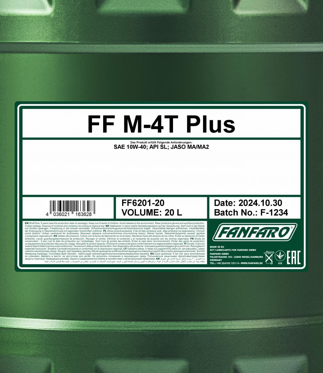 FANFARO Aceite para Motor de Motocicleta, de 4 Tiempos, M-4T+, 10W-40, 20 l