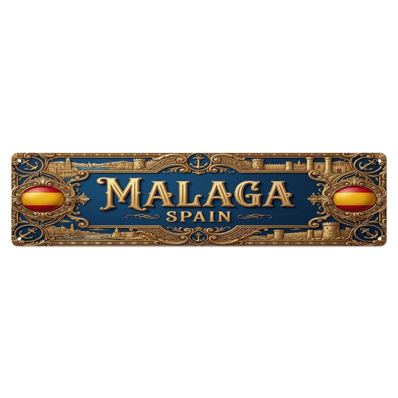 Vintage Malaga Spain Flag Pattern Metal Tin Sign