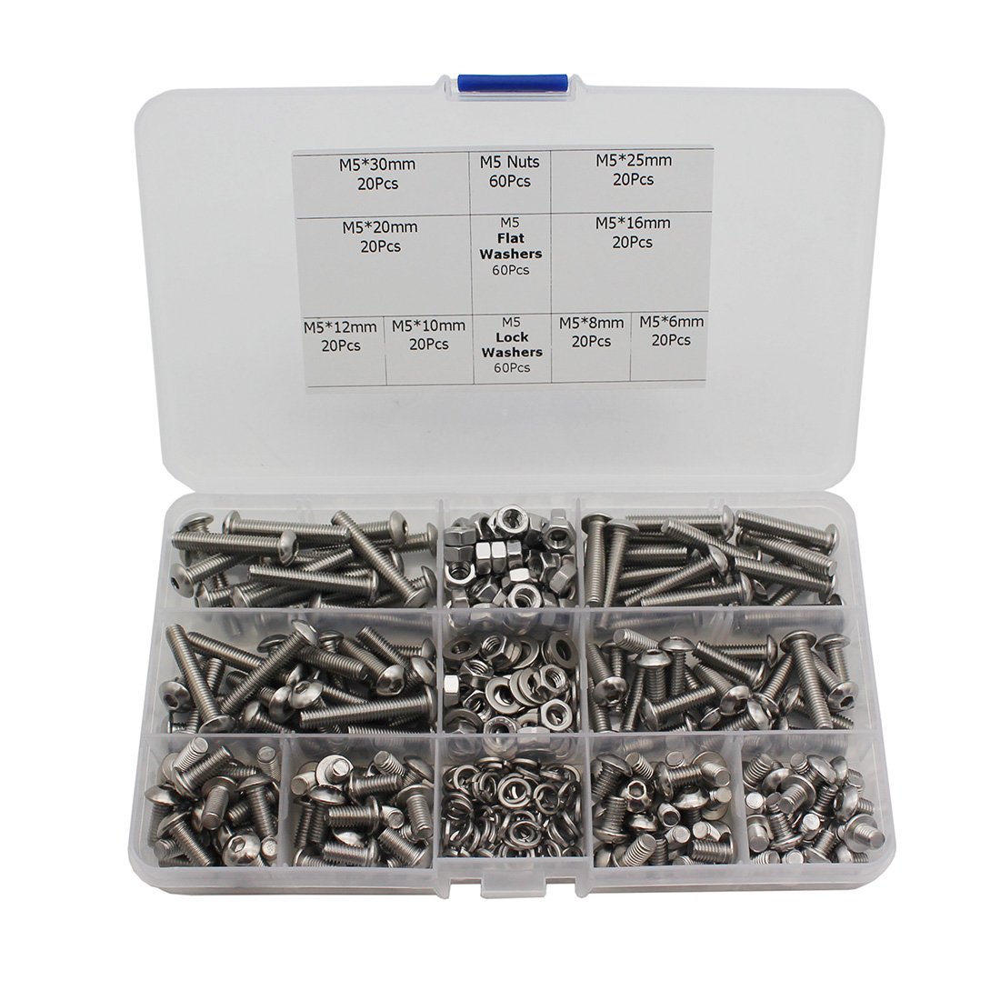 340Pcs M5 Stainless Steel Button Head Hex Socket Head Cap Bolts Screws 6mm 8mm 10mm 12mm 16mm 20mm 25mm 30mm Nuts Assortment Kit