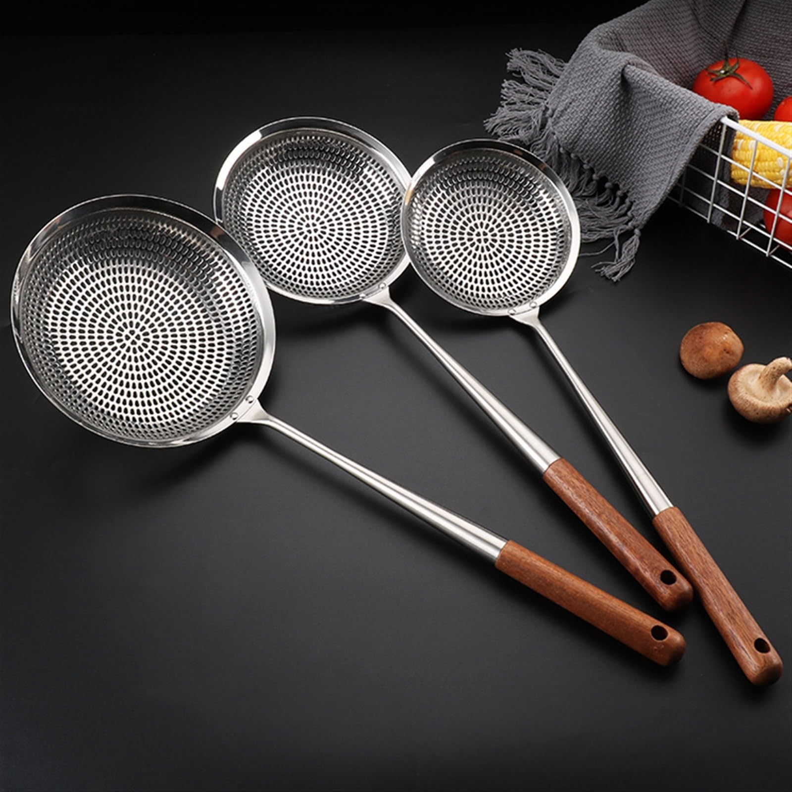 Colador Espumadera Cuchara Ranurada Inoxidable, Mango de madera Colador de acero inoxidable Pasta Colador de fideos Espumadera Cuchara Olla de aceite Filtro de alimentos Escurridor Utensilios de cocin