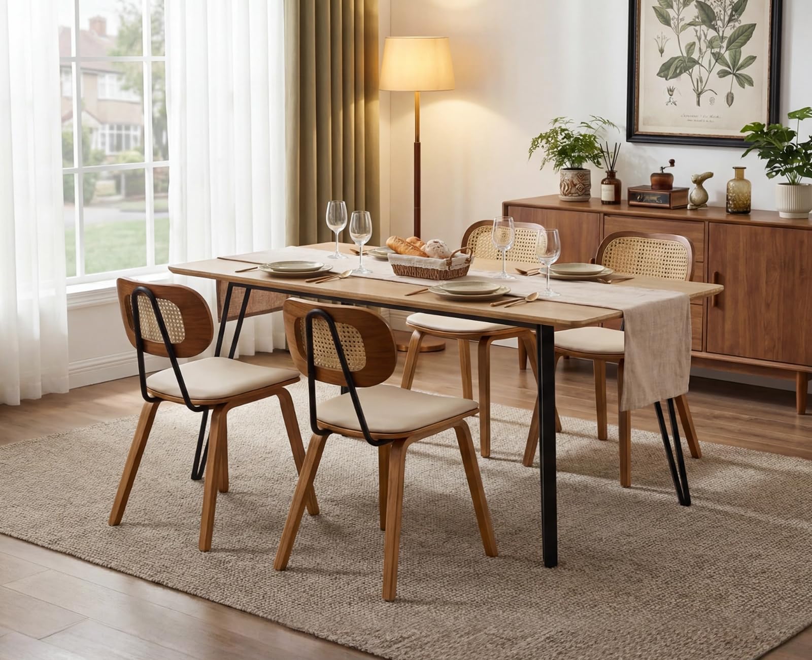 chairus Lot de 2 Chaises de Salle à Manger avec Pieds Bois Chaise Rembourrée en Cuir PU pour Salon Chaises de Cuisine avec Dossier Rotin, Beige