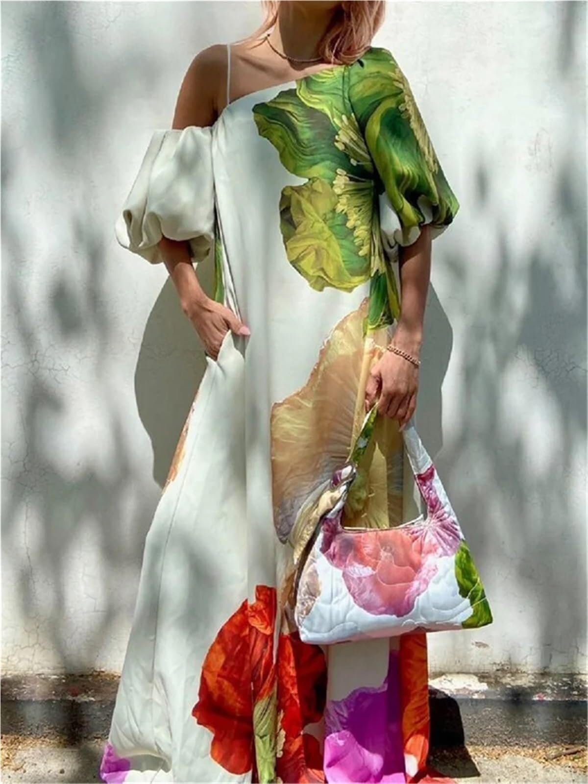 Vestido Playa Mujer Vestido Largo De Verano con Estampado Floral Un Solo Hombro, Elegante, for Fiesta, Noche, Vacaciones, Playa