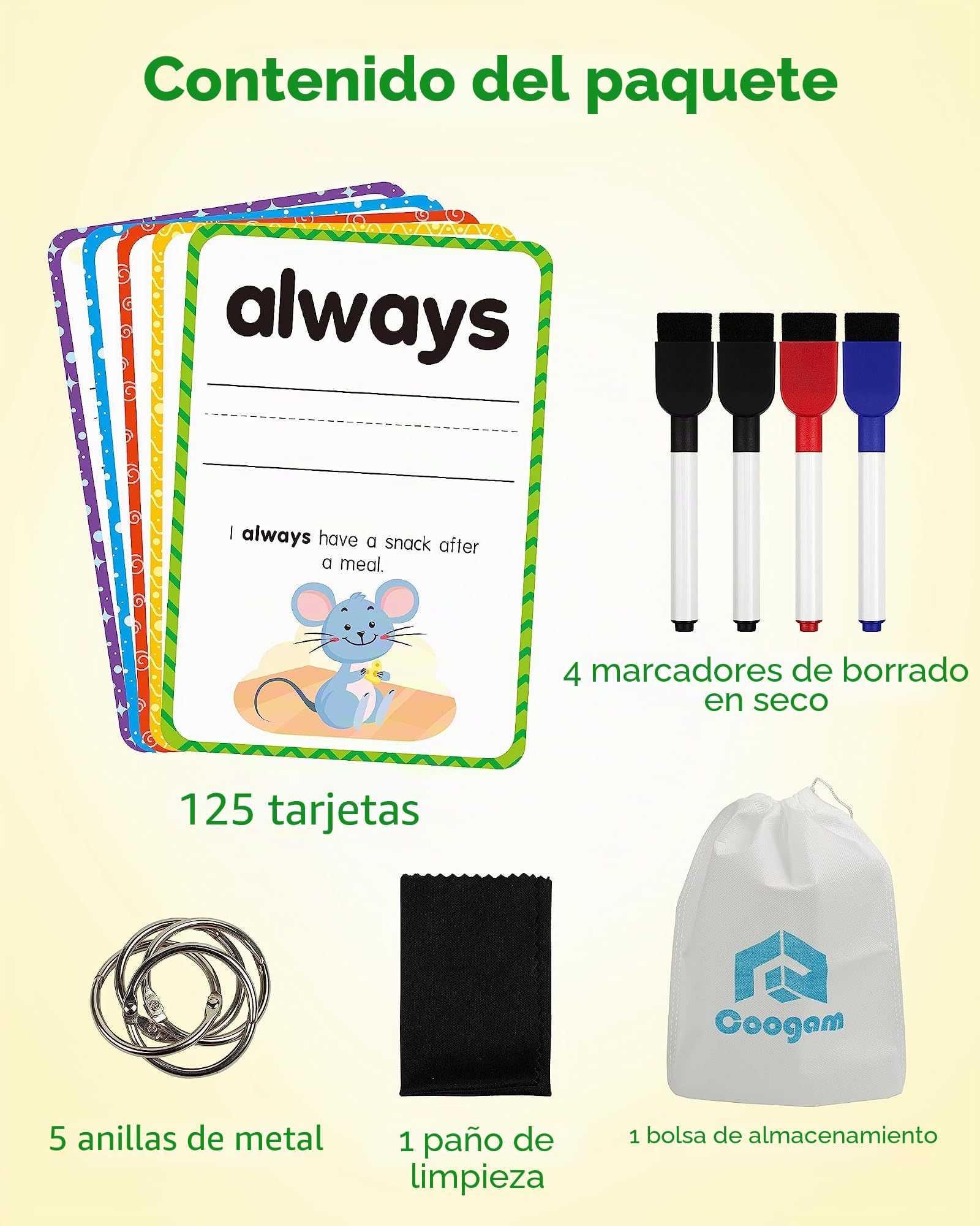 Tarjetas de Aprendizaje de Palabras de Vista Coogam, 250 Juego de Palabras Dolch de Lectura y Vocabulario para Niños en Jardín de Infantes y Preescolar de 3, 4, 5 Años