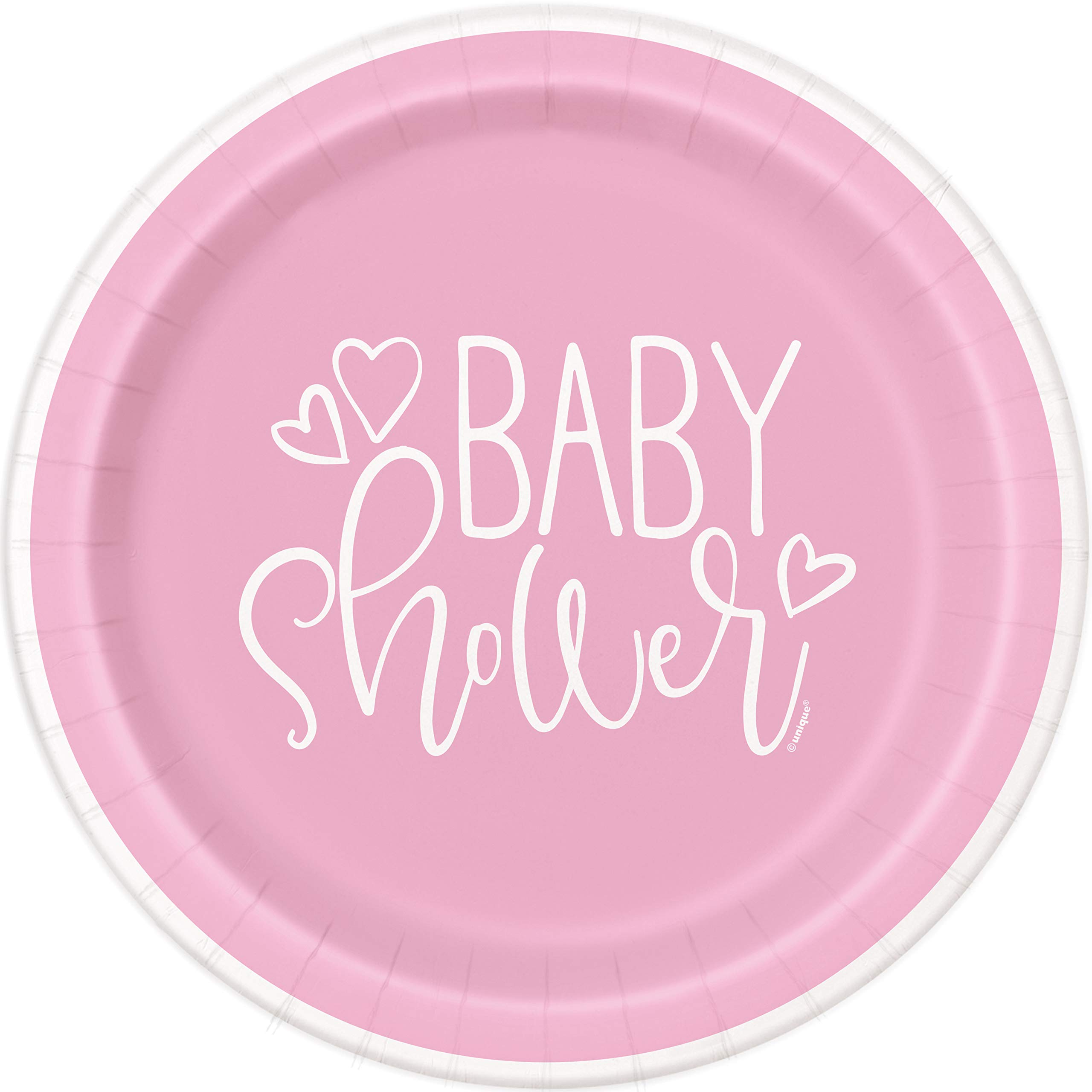Unique 73365EU Eco-Friendly Paper Plates-23 cm-Pink Hearts Baby Shower-8 Count (Pack of 1), Multicolour