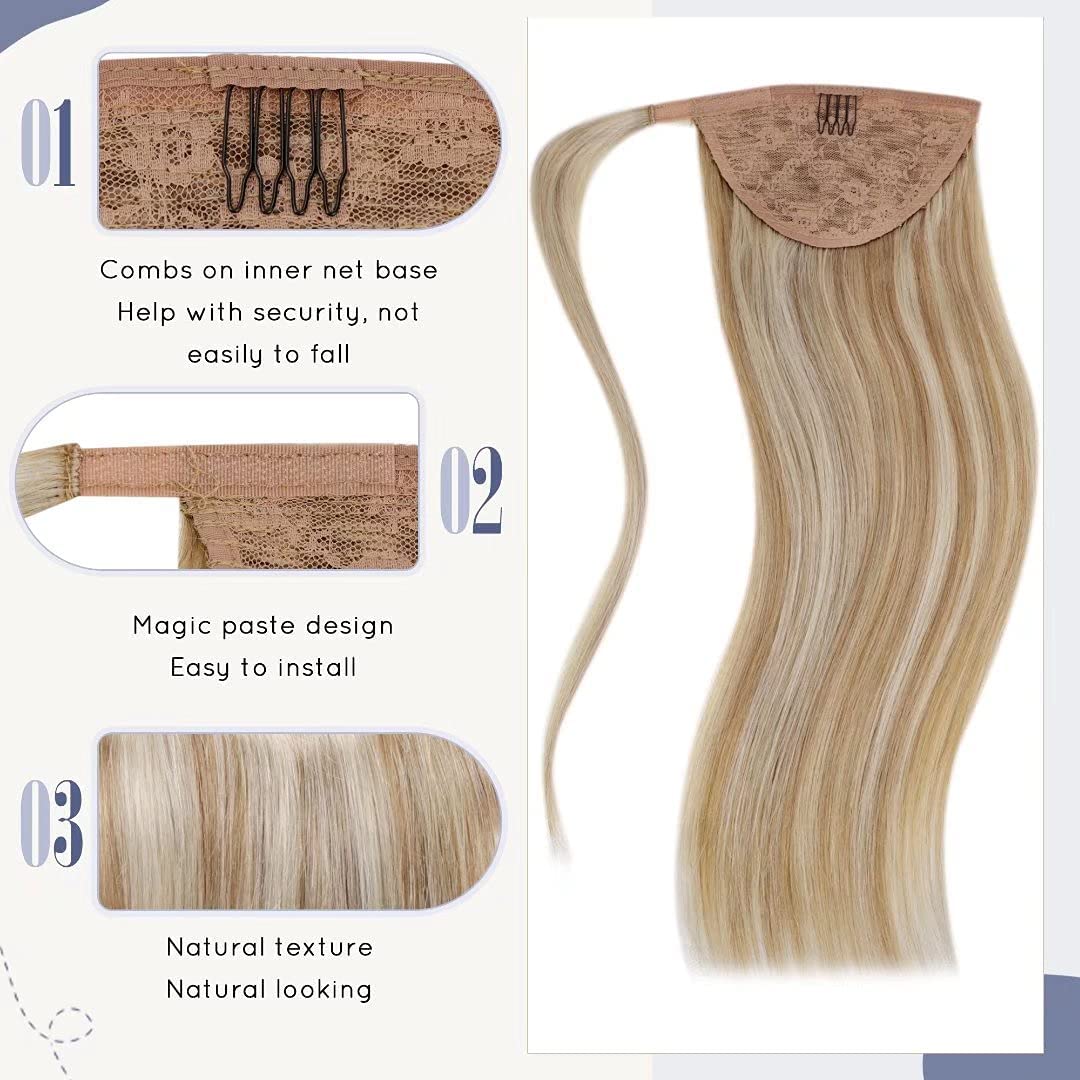 LaaVoo Pony Tail Extensions Real Human Hair 16 Inch 80g Highlight Dark Blonde & Platinum Blonde Remy Straight Ponytail hair Extensions #12/24 - Image 2