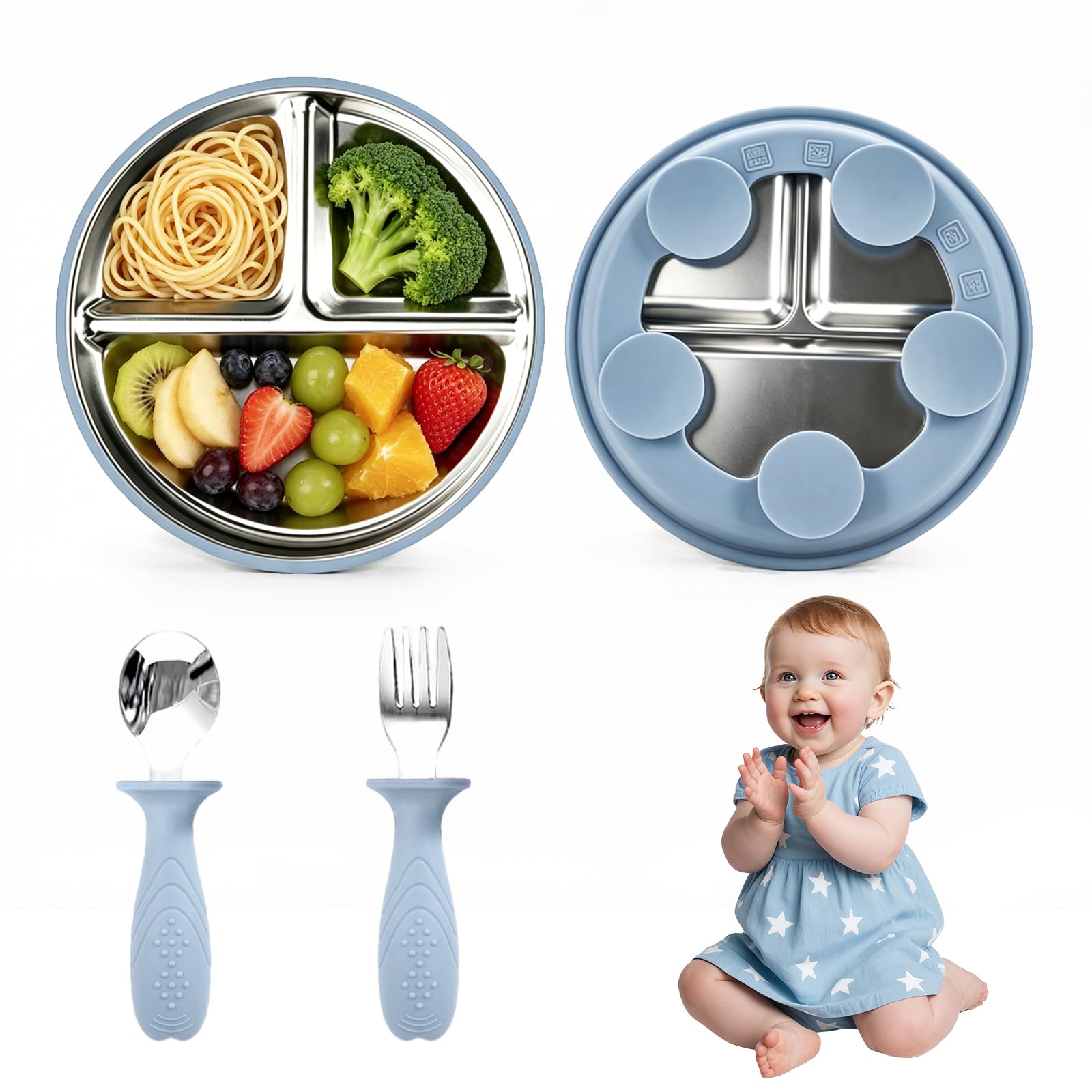Coffret Repas Bébé – Assiette en Acier Inoxydable avec Ventouse en Silicone + Fourchette et Cuillère – Vaisselle Antidérapante pour Enfant – Sans BPA, Favorise l’Autonomie Alimentaire