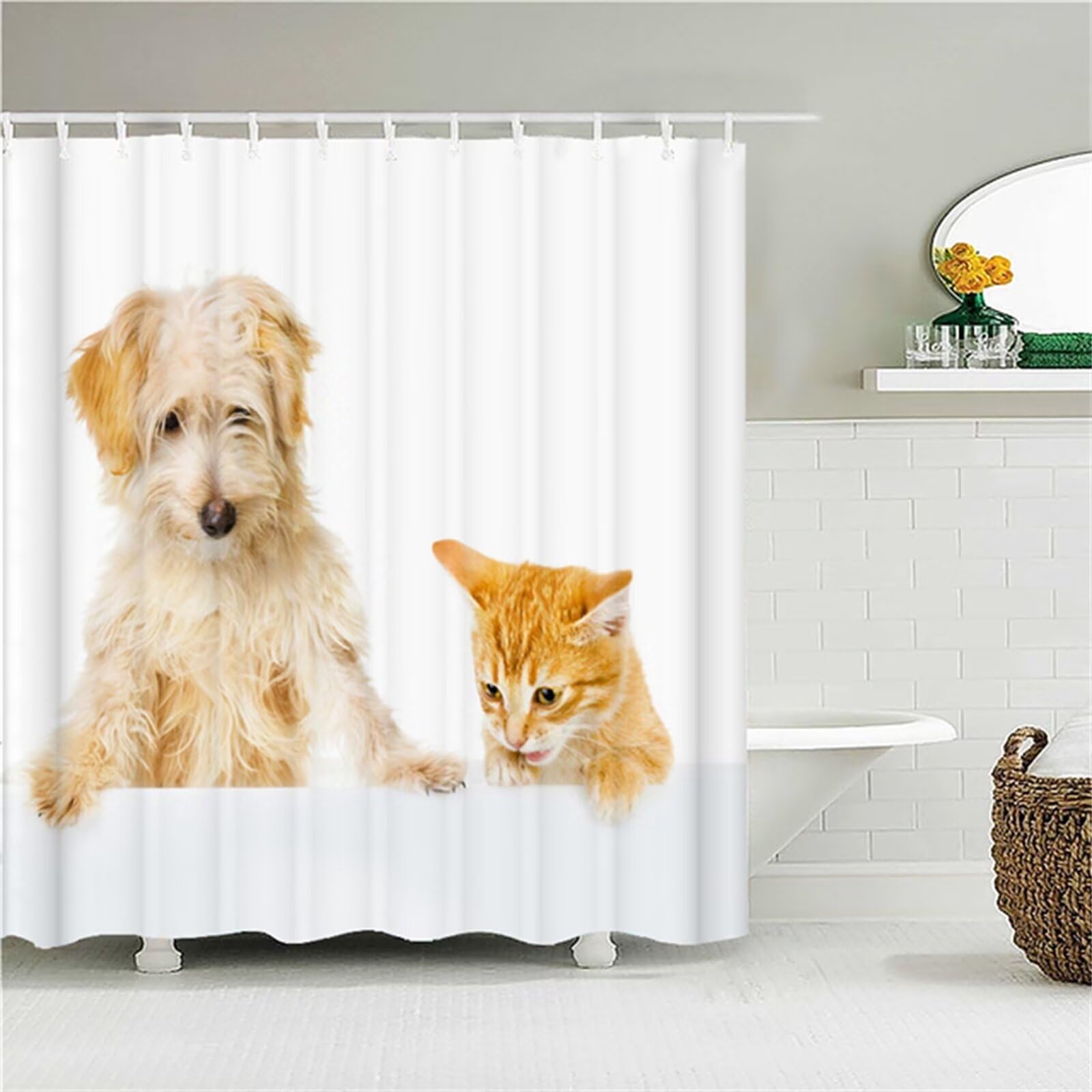 Cane gatto Tenda Doccia 300x190cm,Tenda per Doccia Antimuffa Impermeabile,Grande Lavabile Lusso Tende Esterno Poliestere con 12 Ganci,3D Shower Curtain per Famiglia Dormitorio Bagno