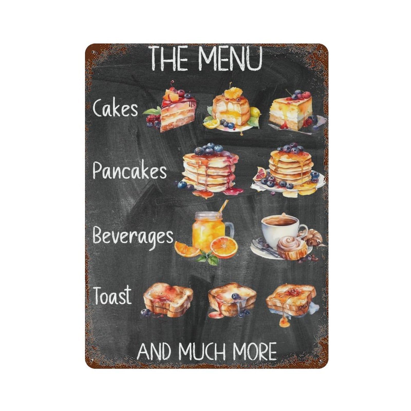 Watercolor Breakfast Menu Vintage Wall Sign 15.7"x11.8", Rust Effect Metal Decor for Living Room, Hallway And Home Decor