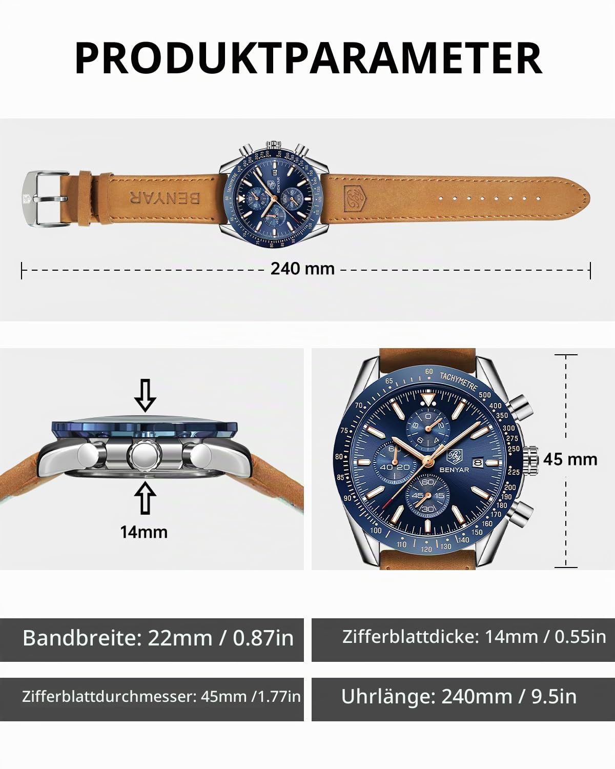 BY BENYAR Uhren Herren Chronograph Analog Quarz Wasserdicht Herrenuhr Mode Lässig Sport Business-Kleid Uhren fur Männer Elegantes Geschenk
