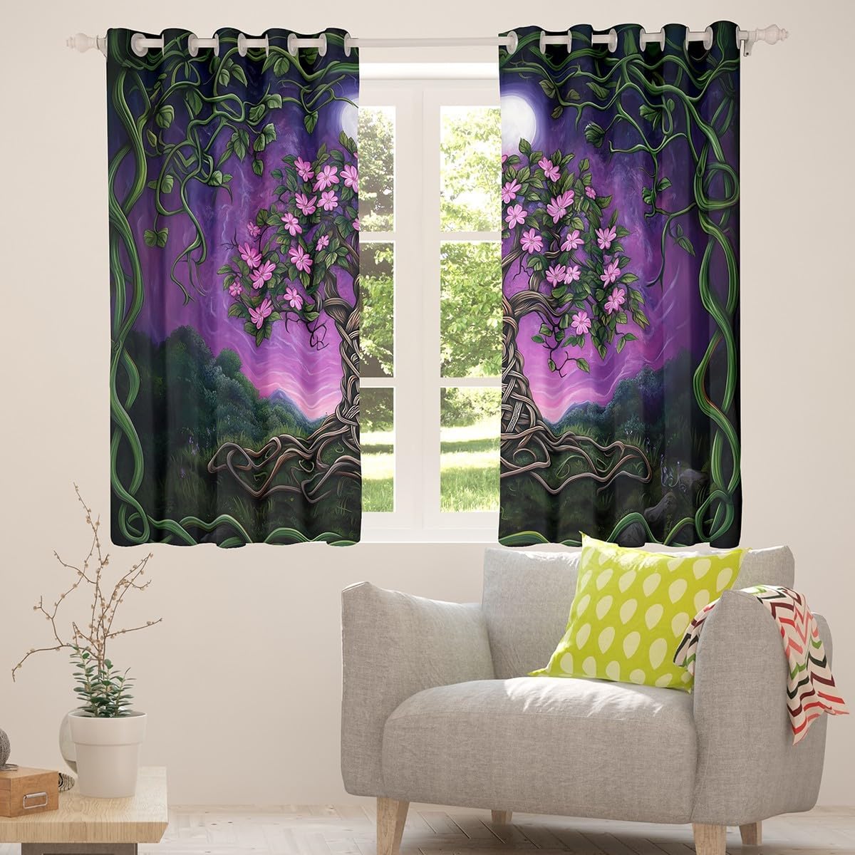 Flower Life Tree Window Curtains Nature Botanical Leaves Darkening Blackout Curtains Pink Watercolor Floral Window Treatments Tree of Life Grommet Top 2 Panel Set Drapes,38Wx45L