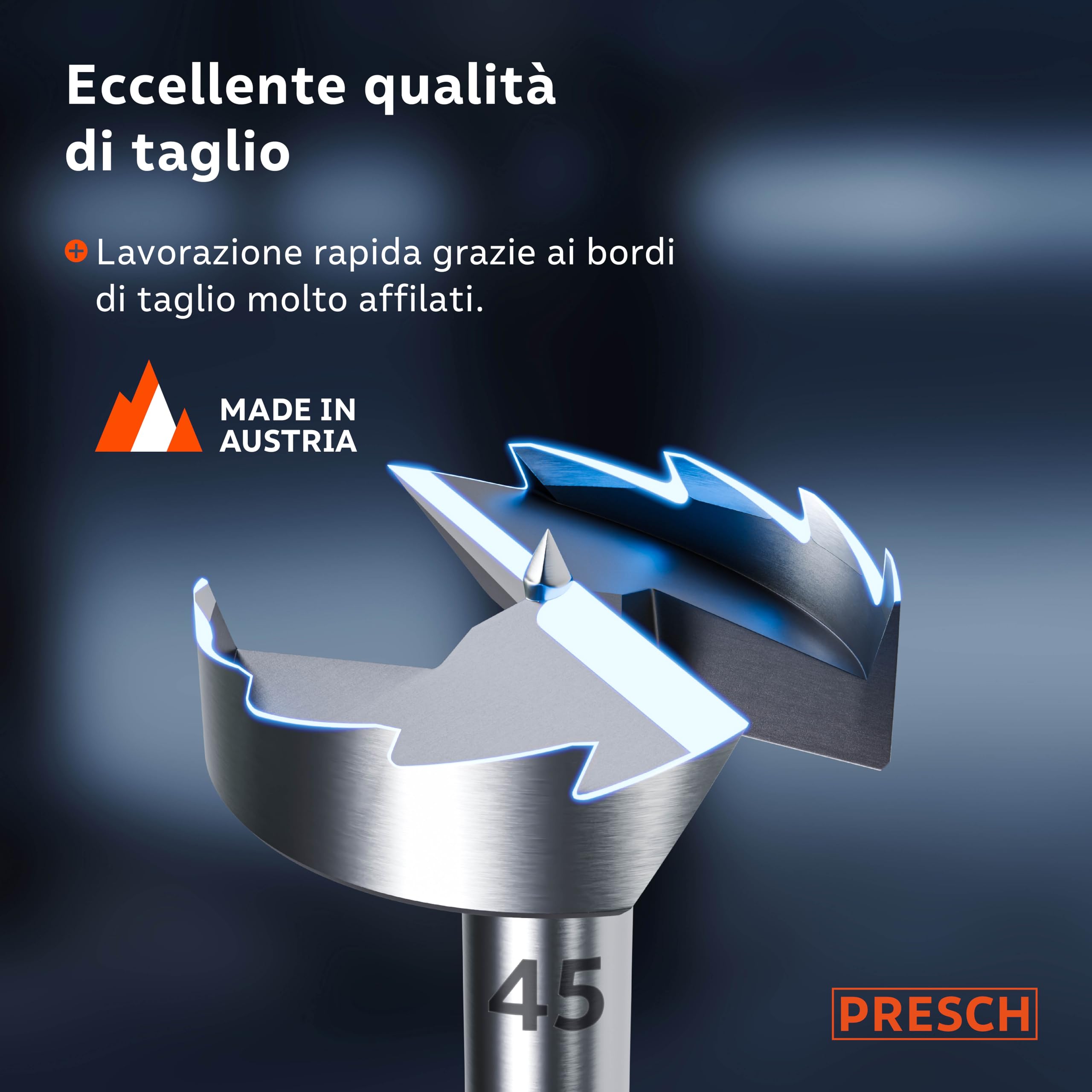 Presch Punta Forstner Ø 45mm - Punta per legno di alta qualità e durata con taglienti estremamente affilati - Punta centrale precisa per una perfetta concentricità