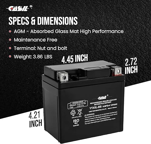 Miniatura 4 de YTX5L-BS - Batería de repuesto para motocicleta, recargable de alto rendimiento, AGM, sellada, sin mantenimiento, batería Casil