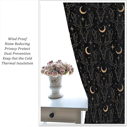 Vista 398 de Cortinas de cabeza de cabra, misteriosa cabeza de cabra malvada, calavera negra, bolsillo para barra, cortinas opacas para ventana, juego de 2