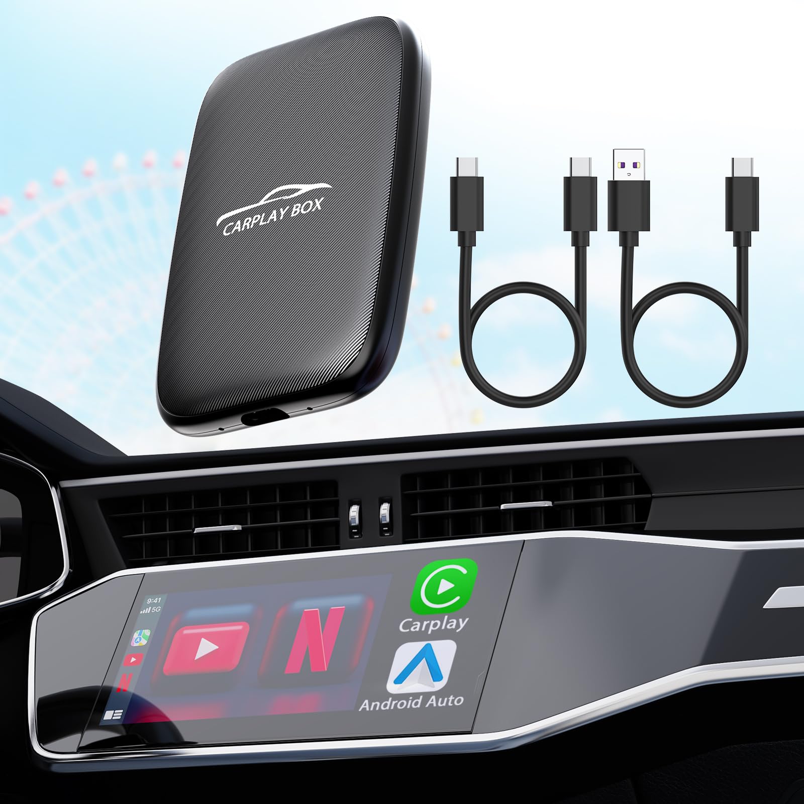 2024 Wireless CarPlay Adapter & Android Auto Adapter Support YouTube Netflix TF Card Screen Mirroring, Apple Car Play Dongle with USB-A and USB-C Cables, Magic Box Wried to Wireless Stream to Your Car