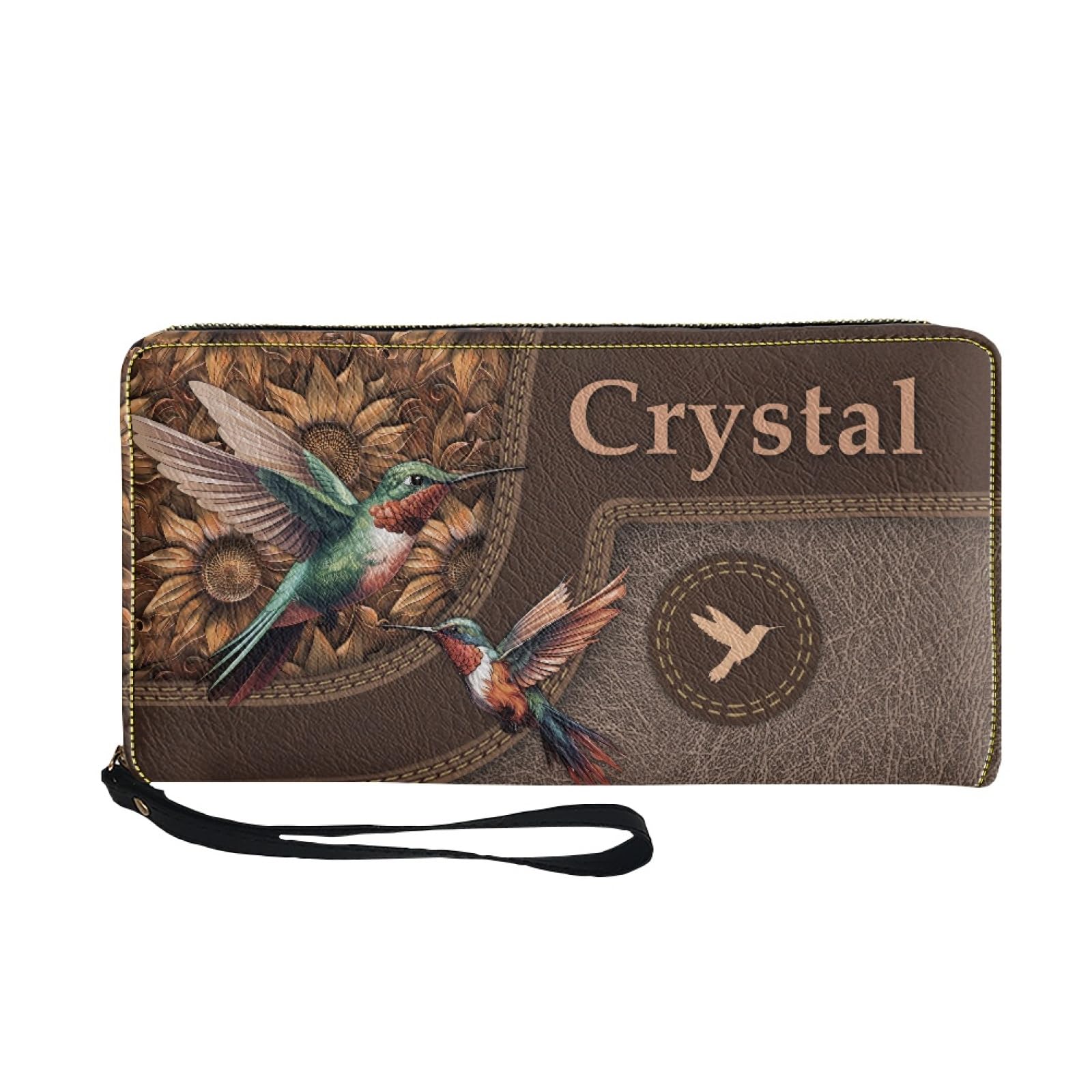 Bulopur Custom Name Wallet for Women Hummingbird Zip Around Wristlet Purses PU Leather Waterproof Minimalist Wallet Long Handbags Coin Cash Holder for Travel Shopping Work