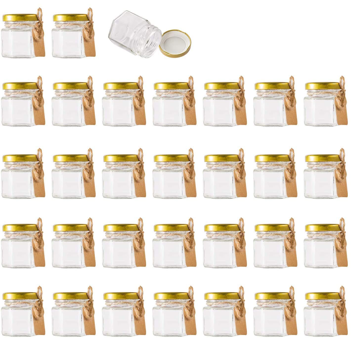 Encheng 1.5 oz Clear Hexagon Jars,Small Glass Honey Jars With Lids(golden),Mason Jars For Herbs,Foods,Jams, Liquid,Party Favor,Mini Spice Jars For