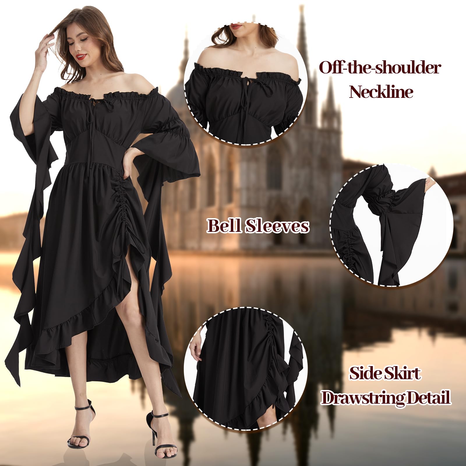 rumnigh Victorian Womens' Gothic Dress Renaissance Retro Maxi Dress Perfect for Halloween Carnivals and Parties (Black, L) - Image 4