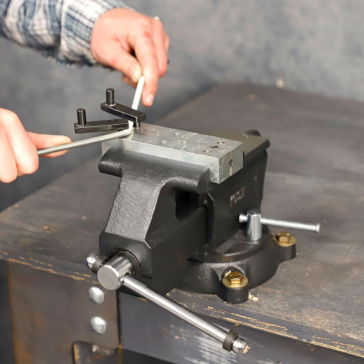 Yost MV-5 Multipurpose 5" Wide Jaw Homeowners Bench Vise | Industrial & Workshop-Grade Work Table Mechanic Tools for Wood Working, Metal Works, & DIY Projects | 360° Swivel Base | Includes 4 Jaw Dogs