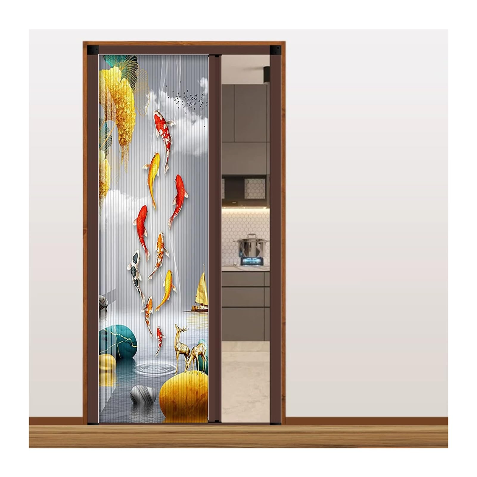 Thermal Insulated Honeycomb Accordion Door Interior, No Drill Sliding Partition Doors for RV Shower Bedroom Space Separation(Brown Frame,80x200CM)