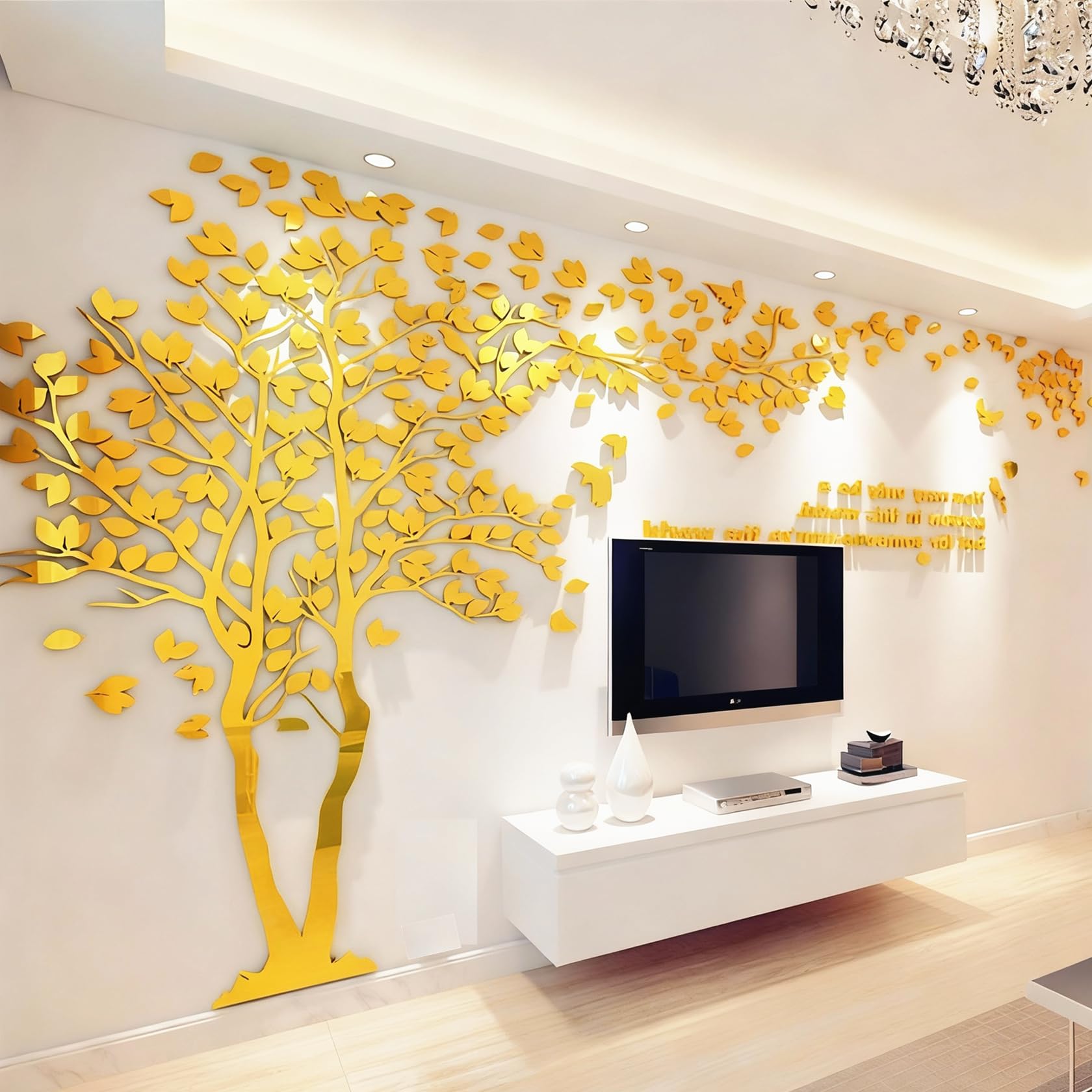 guangmu 3D Tree Wall Stickers - DIY Tree and Birds Wall Decals Family Couple Tree Stickers Murals Wall Décor for Nursery Living Room Bedroom TV Background Home Decorations(Gold Left,M-98X51in)