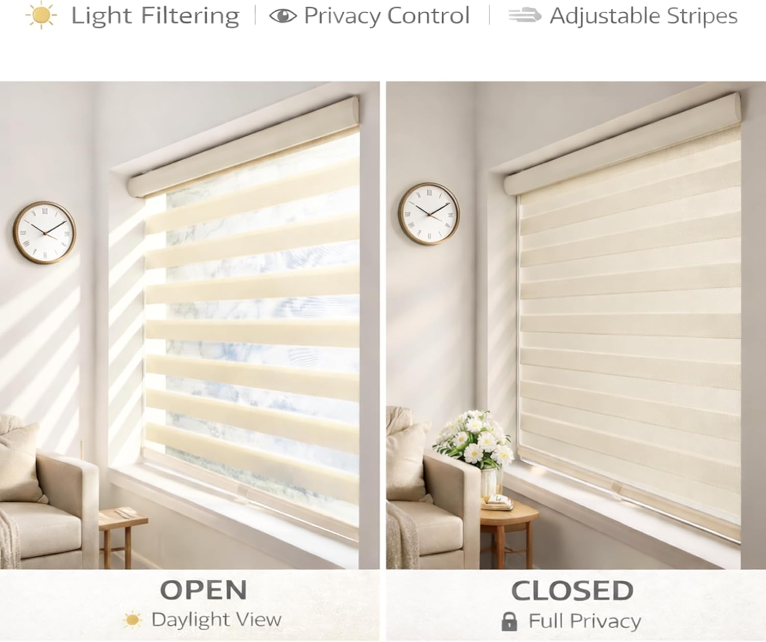 ShadesU Cordless Zebra Blinds – Light Filtering Dual-Layer Window Shades for Privacy Ivory Color Maximum Height 72" Width 32.5" 06- Ivory ( Cordless ) 32.5"W x 72"H