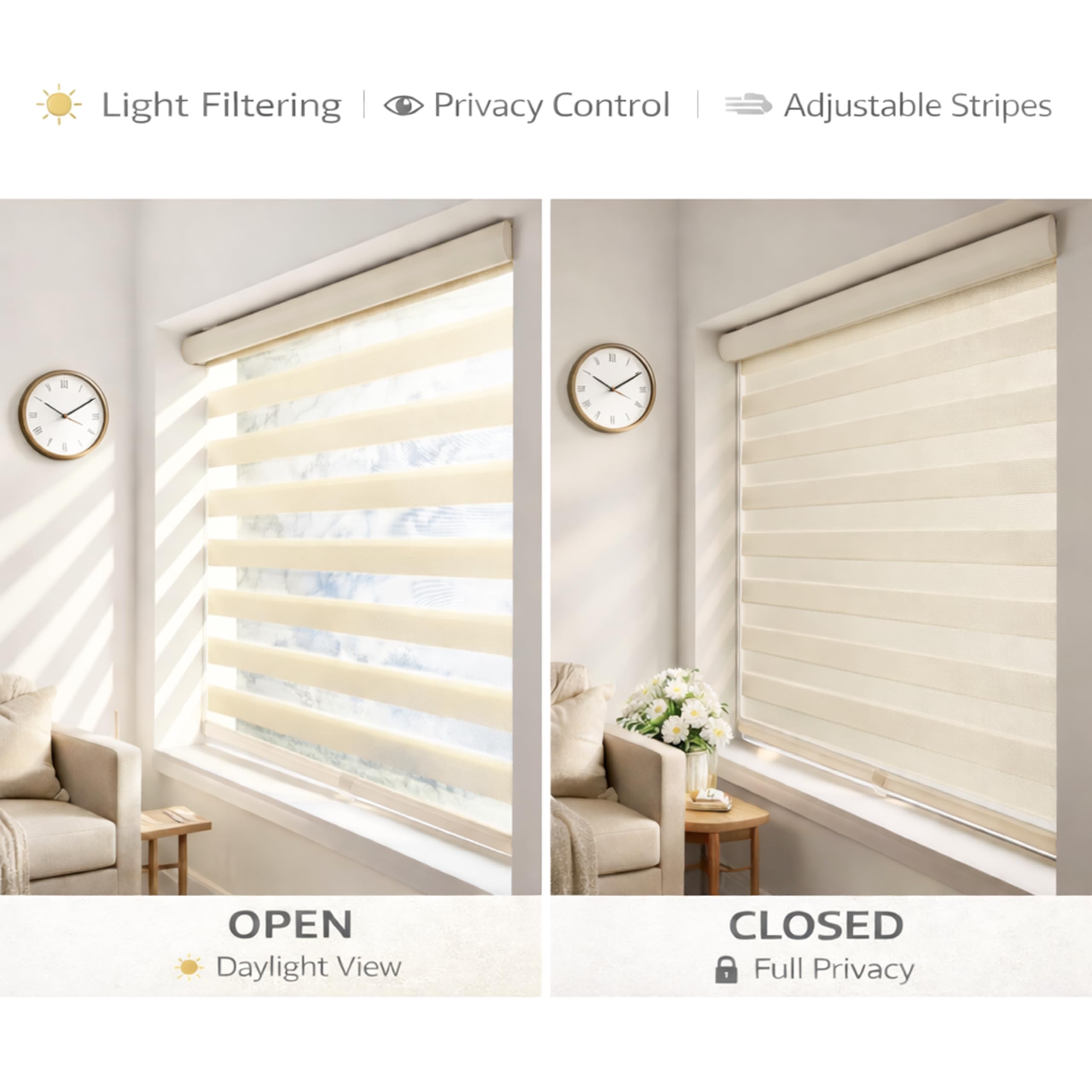 Condition photo showing New/Like New for shadesu cordless zebra blinds roller shades, ivory, 35" w x 72" h | cordless safety design,free stop zebra shades, light filtering, privacy, modern style, window treatment,aluminium headrail