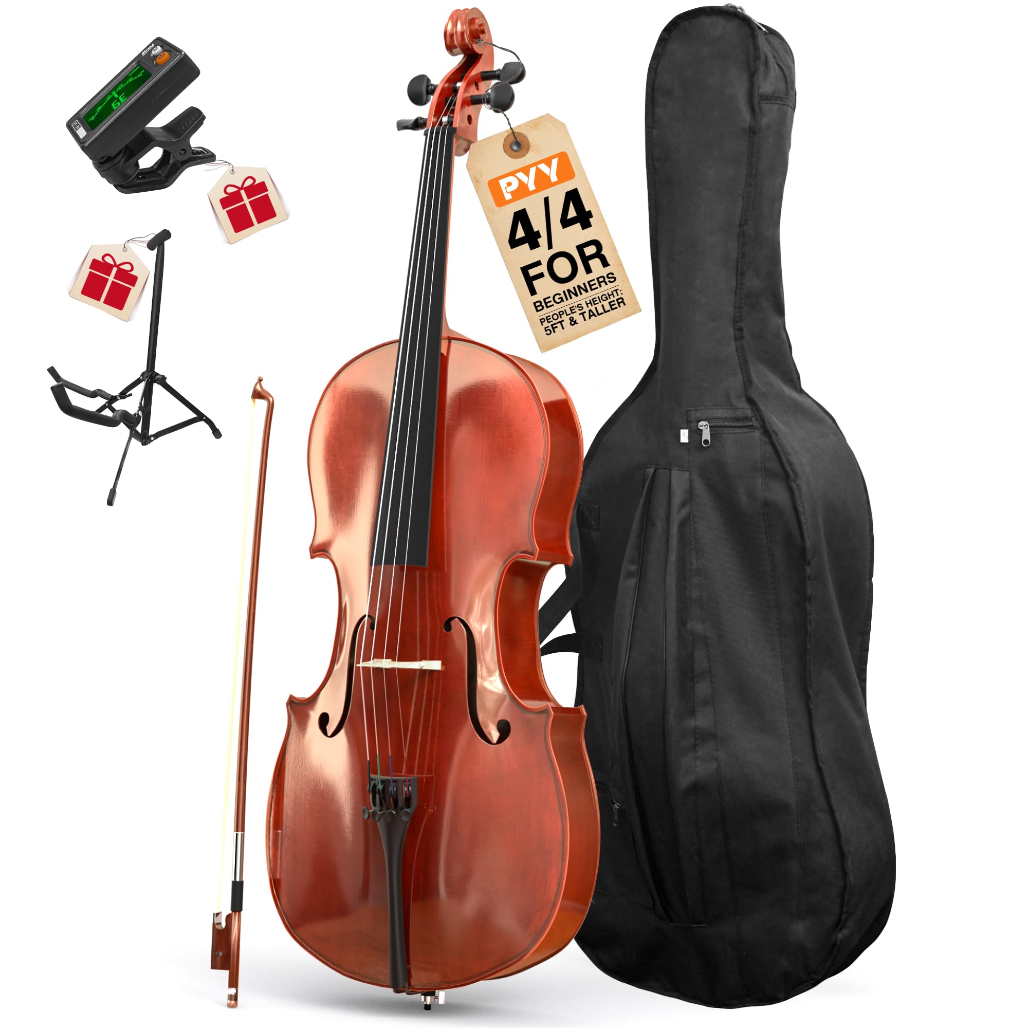 PYY Cello 4/4 Full Size - Solid Wood Acoustic Cello Package with Free Stand, Bag, Strings, Tuner, Rosin and Bow, Cello 4/4 Strings Set for Students & Adult Beginner Instruments