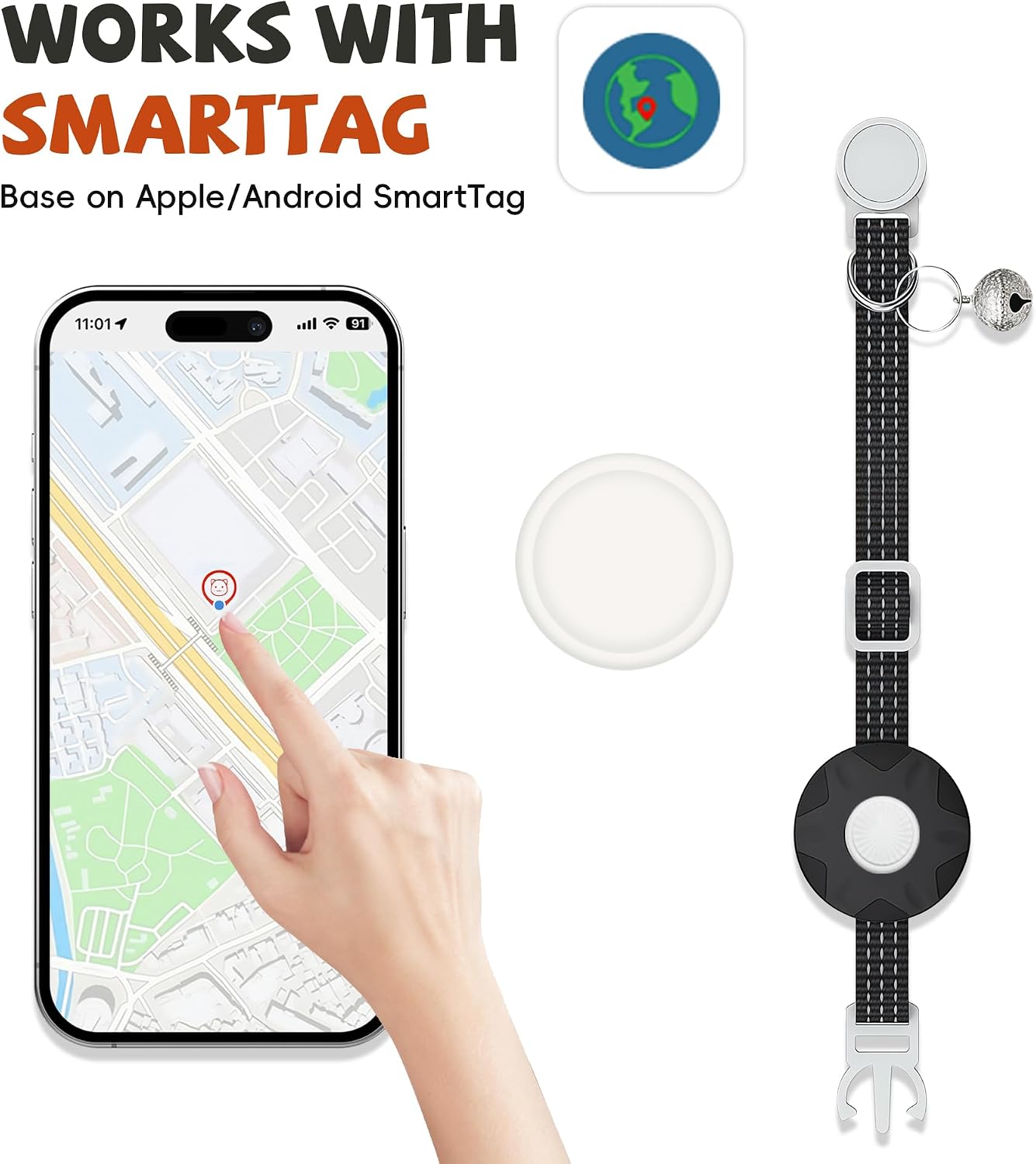 Cat Tracker Collar, Real-Time Tracking Device for Cats, Long Battery Life, Works with iOS & Android SmartTag App, with Reflective Pattern & Bell, No Monthly Fee, Black