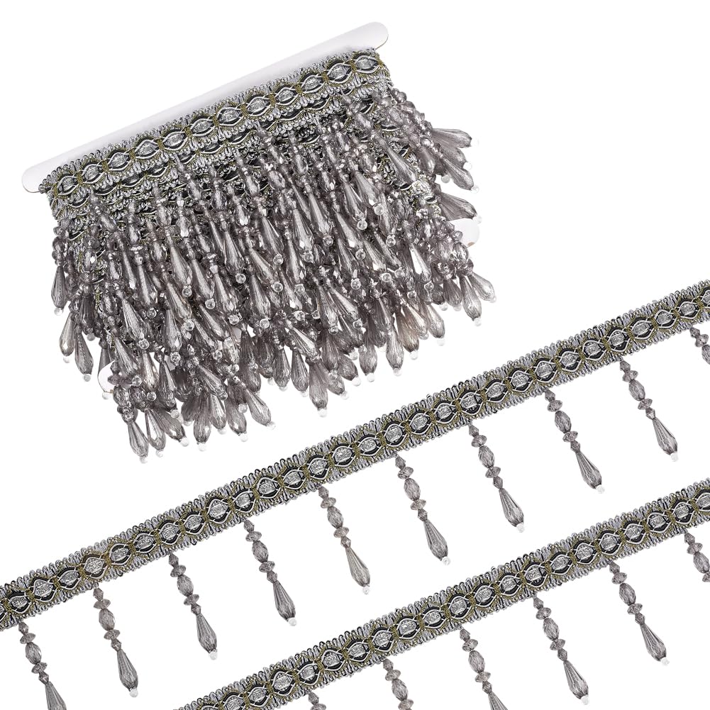 MAYJOYDIY 6m Gray Beaded Fringe Trim 9.2cm Decorative Teardrop Fringe Trim Polyester Braid Tassel Trimmings for Curtain Tablecloth DIY Sewing Crafts Home Decor