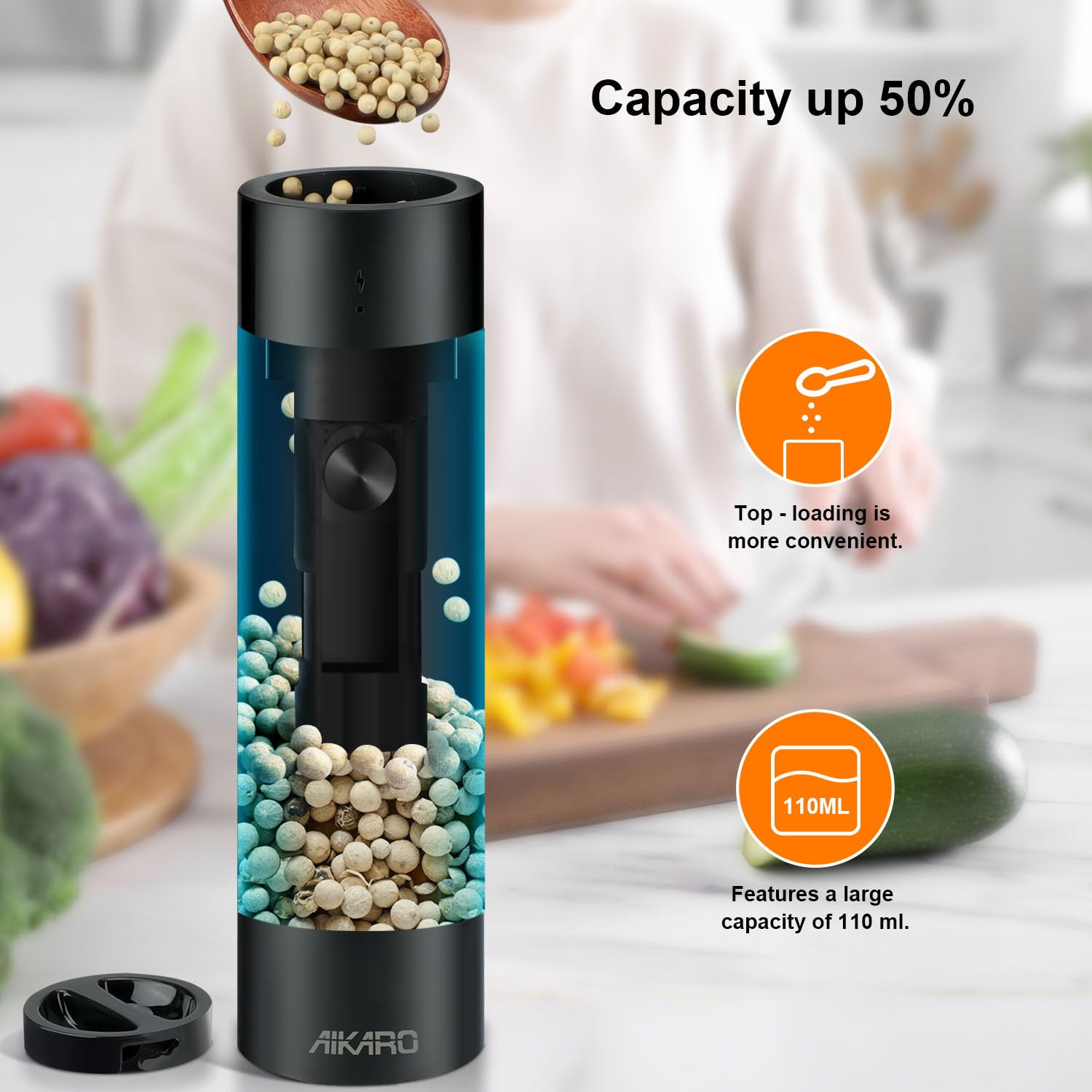 AIKARO - Moulin à sel et au poivre électrique Broyeur à épices automatique, Rechargeable (Ensemble)