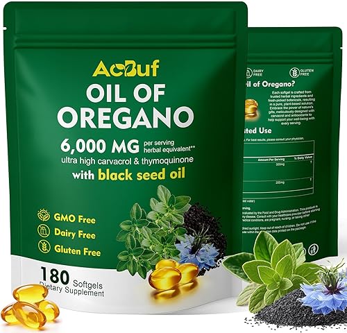 Aceite de orégano con aceite de semilla negra, 180 cápsulas de aceite de orégano orgánico, 165 mg de Carvacrol, sin OMG, sin lácteos, sin gluten,
