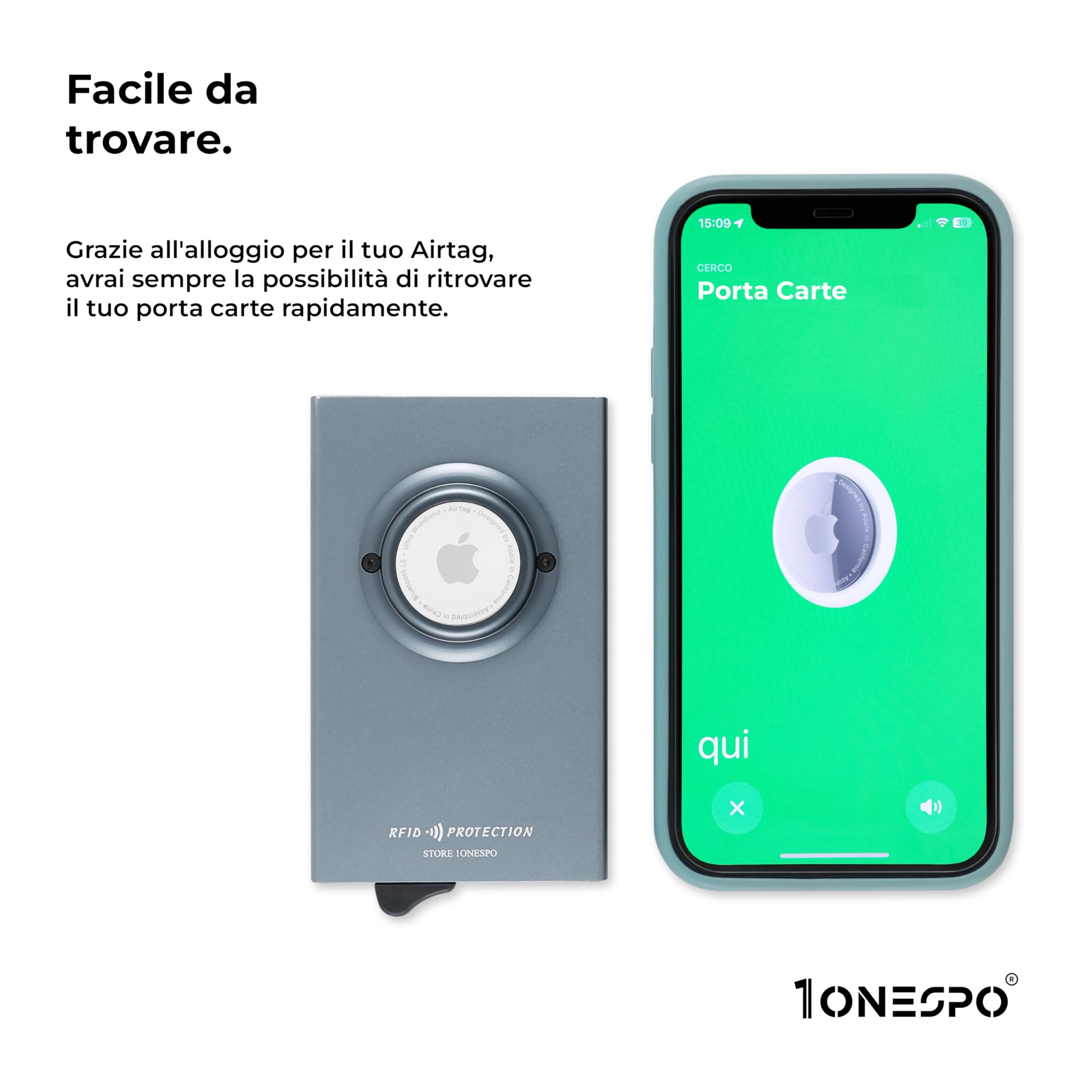 1onespo ULTRASLIM Porta carte di credito uomo - Portafoglio Airtag- Porta tessere e documenti - Portacarte protezione RFID, Grigio