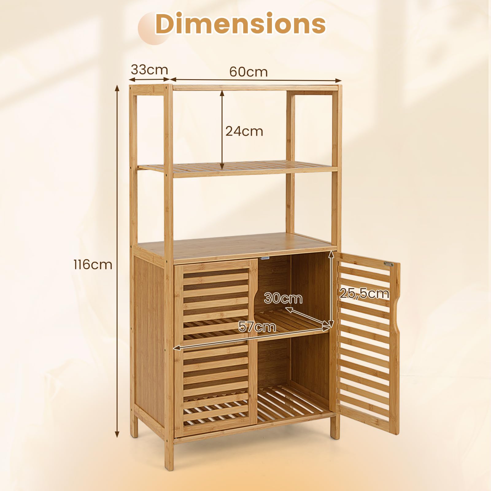 Armoire Bambou COSTWAY Pour Salle De Bain - Étagère Ouverte Et Portes Persiennes - Rangement Salon/Cuisine 64x80 Cm