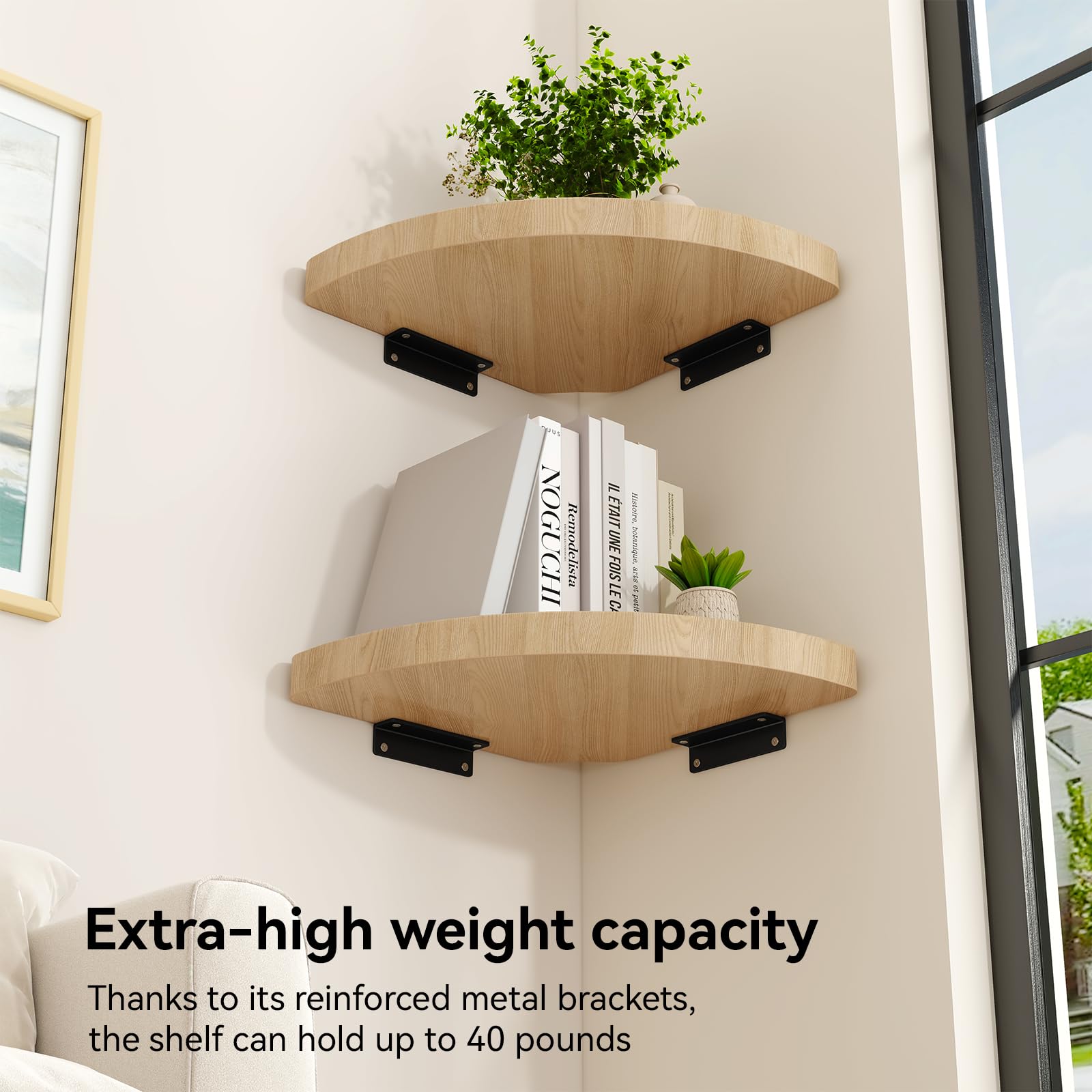 YMYNY Eckregal Hängend Corner Shelf Eck Regal Wandregal Zwei Stück Eckregal Wand Eckregal runde Enden Wandregal Eckregal Holz Landhausstil Regal für Schlafzimmer Wohnzimmer Naturholz HFS001R-2