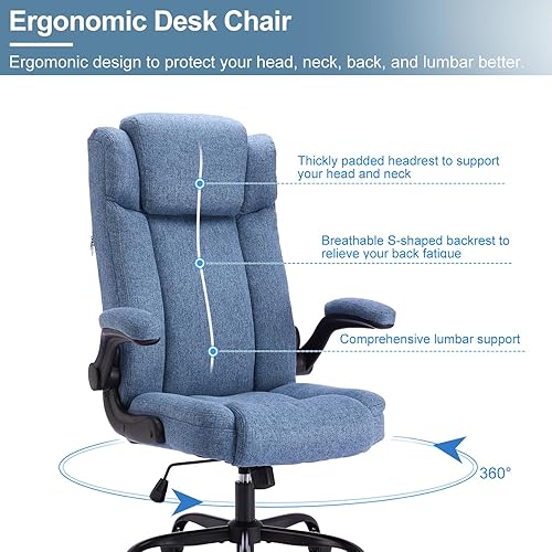 Miniatura 4 de Silla de oficina ejecutiva de respaldo alto con reposacabezas ajustable, sillas de escritorio de tela con reposabrazos abatibles, silla de oficina