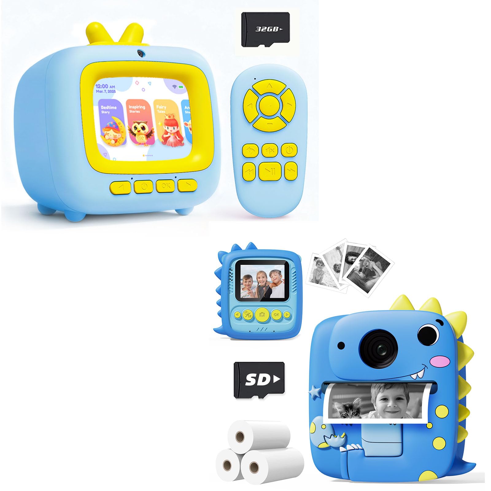 Kids Camera Instant Print &amp; Kids Story Machine with Video Player, Music Player, 100+ Stories, Alarm Clock, Game，Christmas Birthday Gifts for Kids Age 3-8