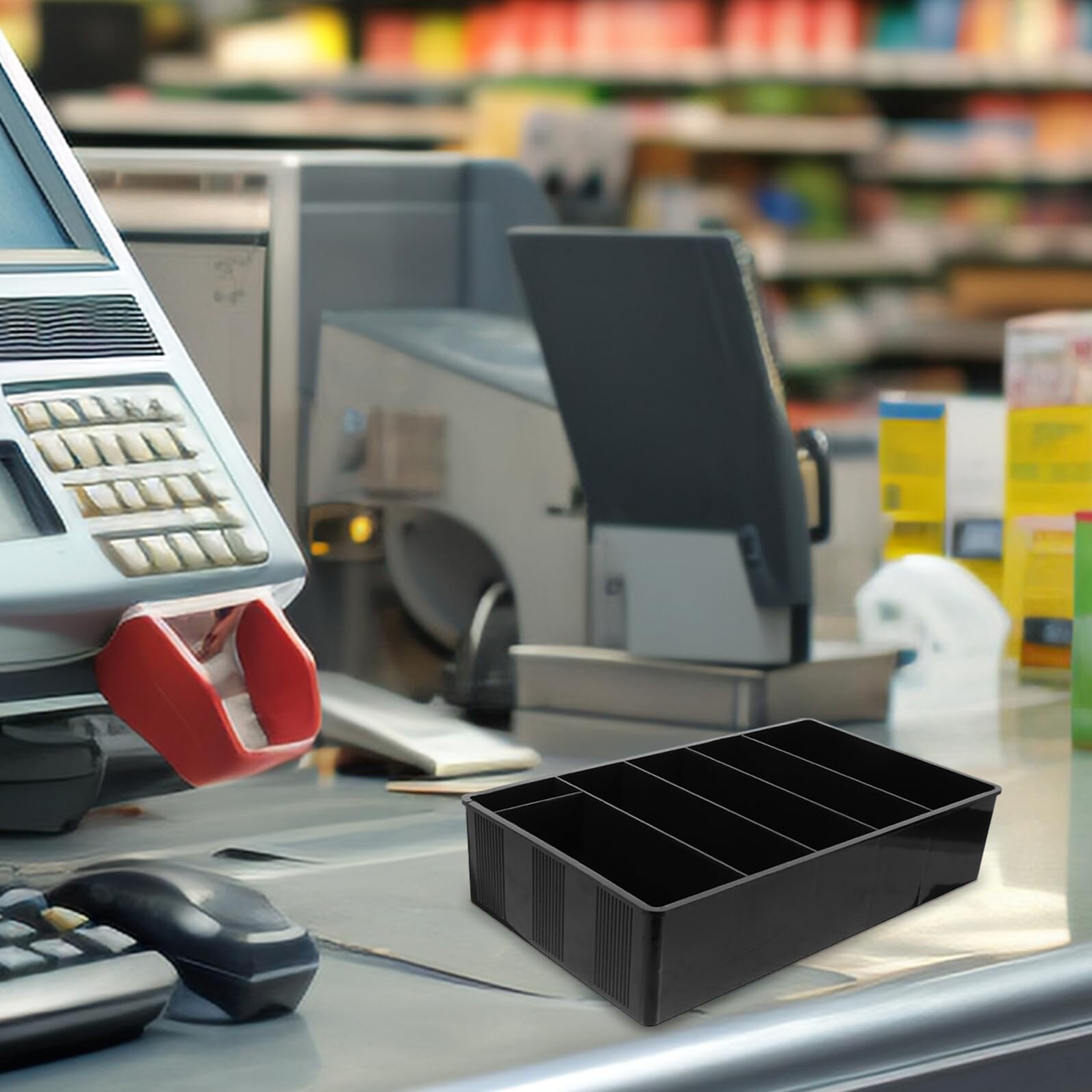 Aufbewahrungsbox Multifunktionale Kasse aus Kunststoff Schwarze Stehende mit Vier Münzfächern und Fünf Geldscheinfächern für Supermärkte und Einkaufszentren