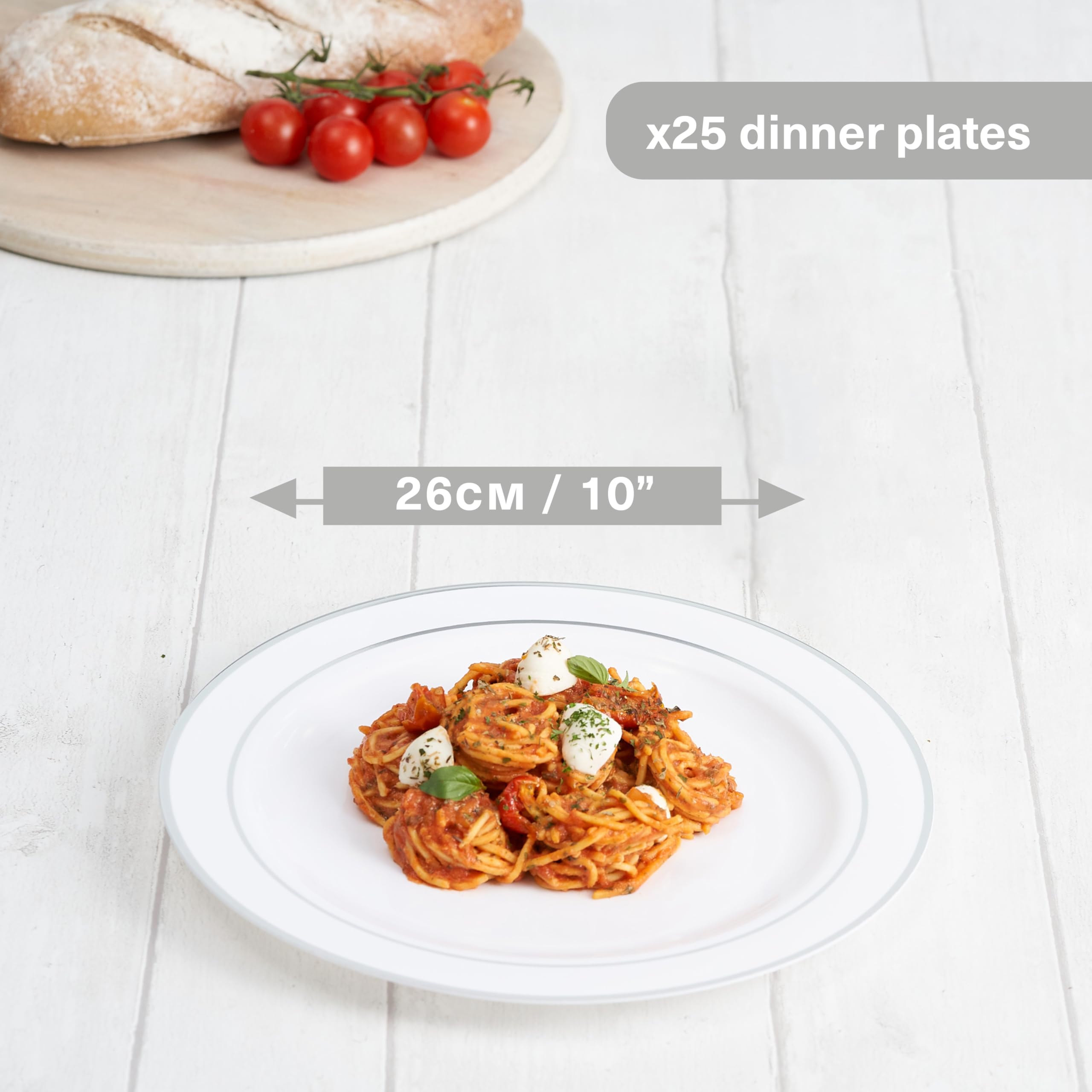 MATANA 25 Premium White Plastic Dinner Plates with Silver Rim, 26cm / 10 Inch - Image 2