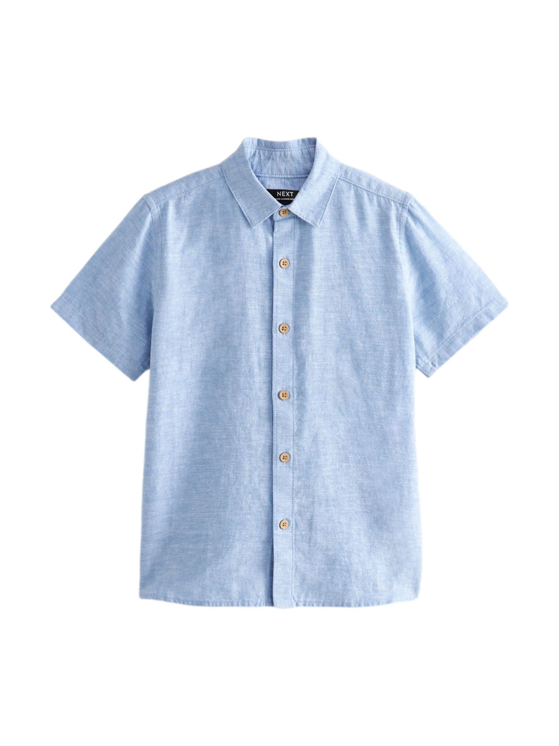 NEXT Niños Camisa de Manga Corta Sencilla en Mezcla de Lino Azul 3 Años