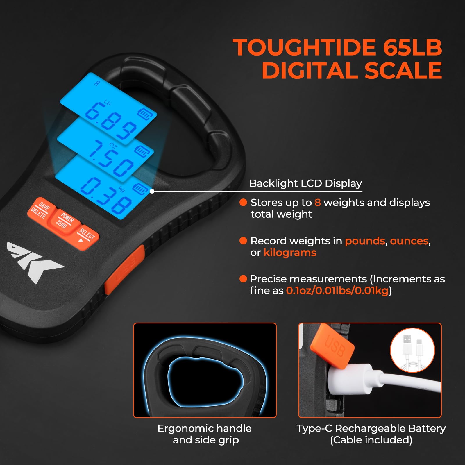 KastKing ToughTide Fishing Tool Kit, Rechargeable Digital Fish Scale with Lip Grip & Tape Measure, 7" Fillet Knife with Sheath & Sharpener, 8" Split Ring Fishing Pliers