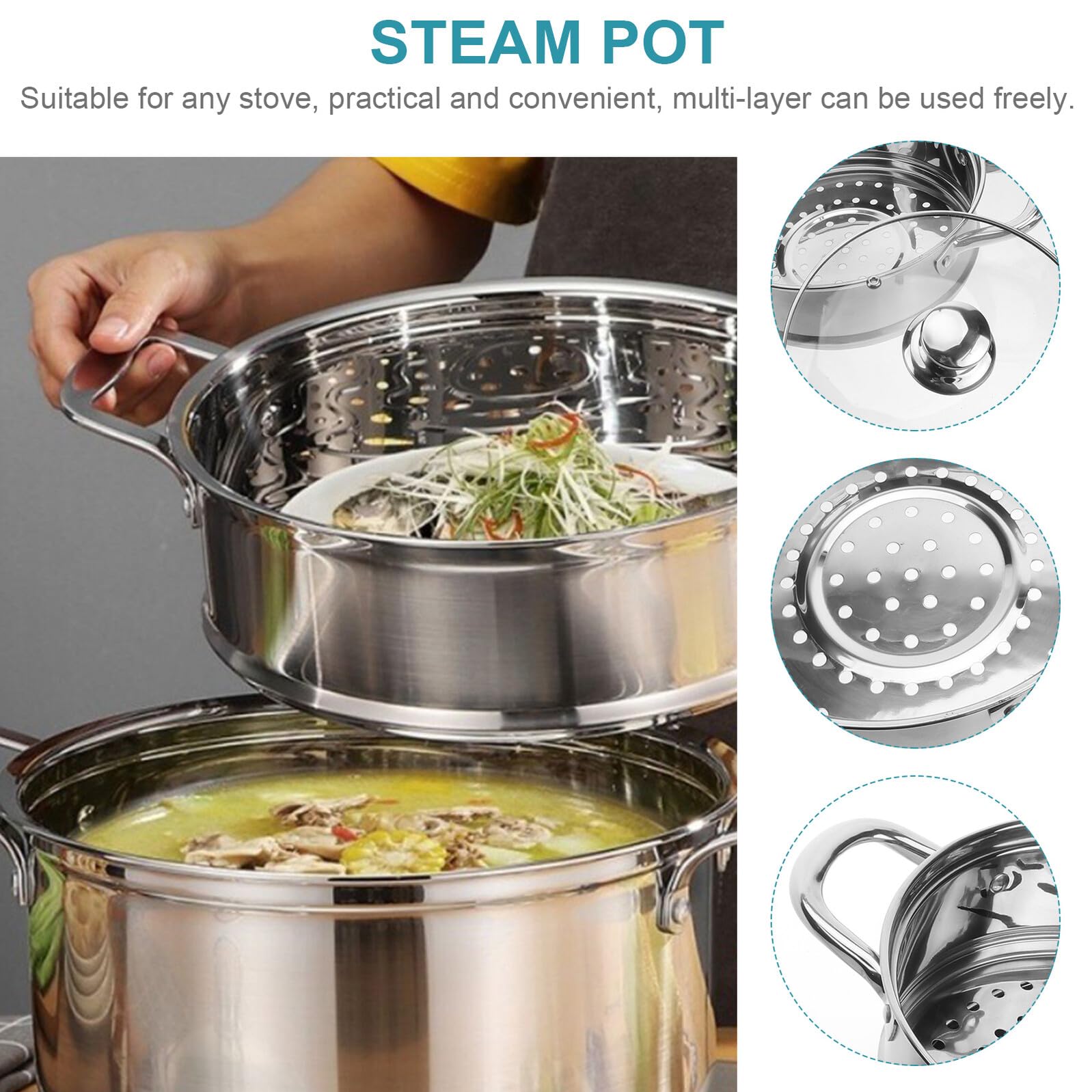 Olla Vaporera de Acero Inoxidable de Doble Capa Gran Capacidad para Cocinar al Vapor y Cocinar Simultáneamente en Cocina Doméstica