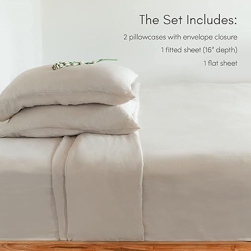 Miniatura 2 de Baloo Pure French Linen Sheets  Juego de sábanas de avena (tamaño matrimonial)  Suave, premium, transpirable, fabricado con fibras naturales libres